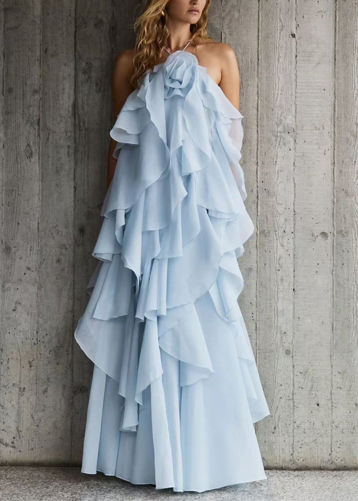 Italian Blue Spaghetti Solid Strap Backless Chiffon Dress FashionChic