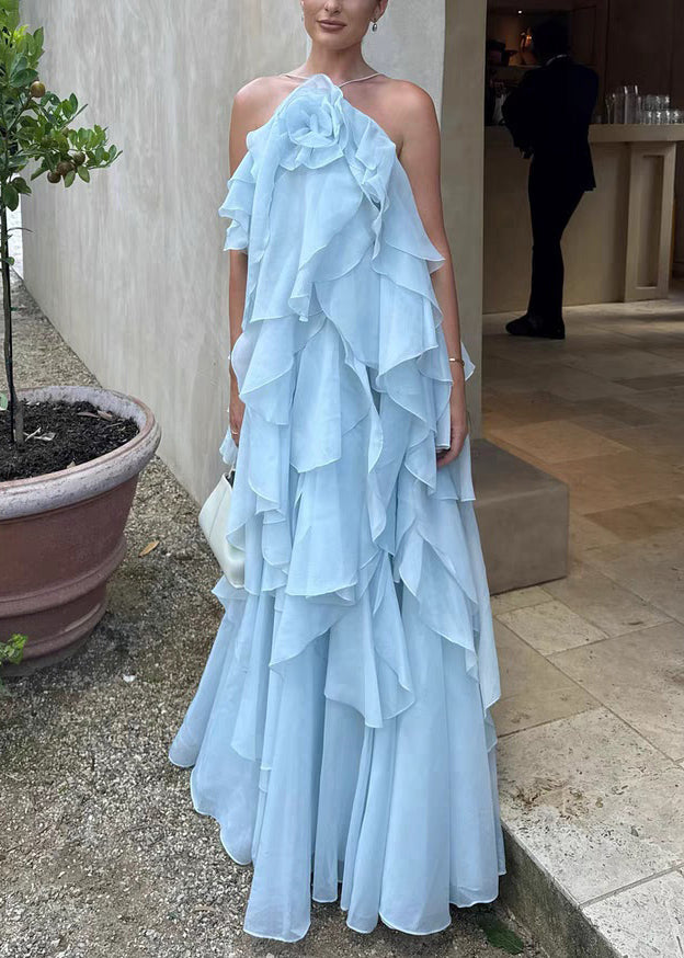 Italian Blue Spaghetti Solid Strap Backless Chiffon Dress FashionChic