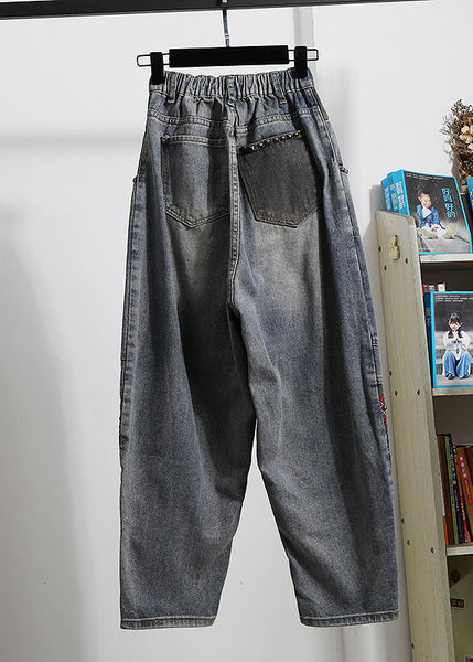 Italian Blue Embroidered Pockets Patchwork Denim Pants Spring QQ1050 Ada Fashion