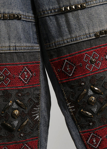 Italian Blue Embroidered Pockets Patchwork Denim Pants Spring QQ1050 Ada Fashion