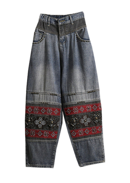 Italian Blue Embroidered Pockets Patchwork Denim Pants Spring QQ1050 Ada Fashion