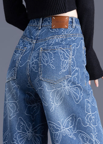 Trousers Denim Pants Waist Italian Blue High Straight Print FashionChic