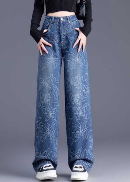 Trousers Denim Pants Waist Italian Blue High Straight Print FashionChic