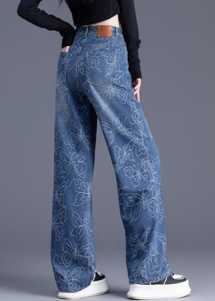 Trousers Denim Pants Waist Italian Blue High Straight Print FashionChic