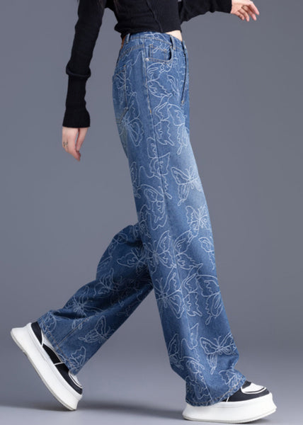 Trousers Denim Pants Waist Italian Blue High Straight Print FashionChic