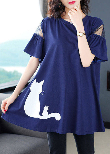 Print T O-Neck Italian Blue Shirt Summer FashionChic