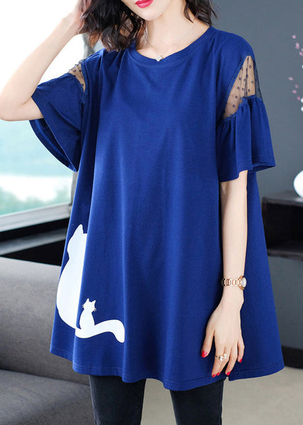 Print T O-Neck Italian Blue Shirt Summer FashionChic