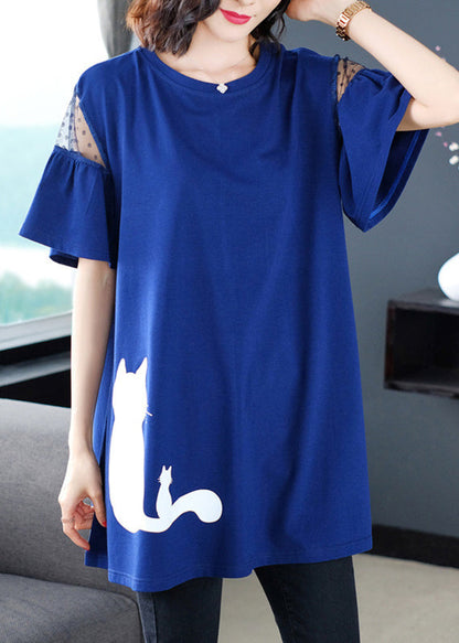 Print T O-Neck Italian Blue Shirt Summer FashionChic