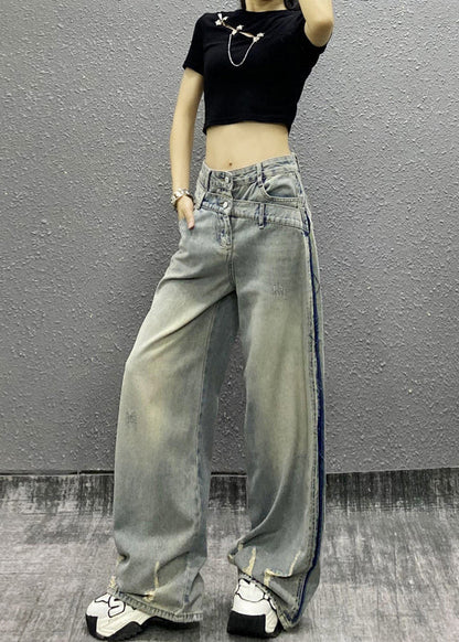 Italian Blue Pockets Patchwork Denim Wide Leg Pants Fall RI003 ABC