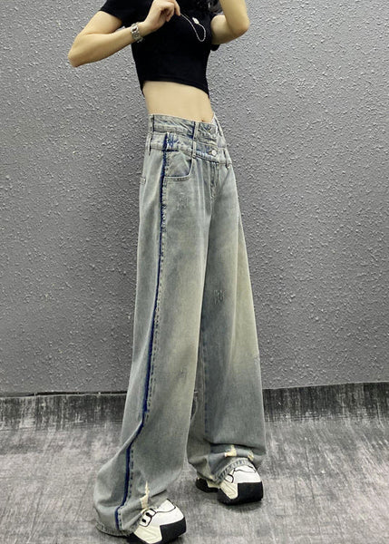 Italian Blue Pockets Patchwork Denim Wide Leg Pants Fall RI003 ABC