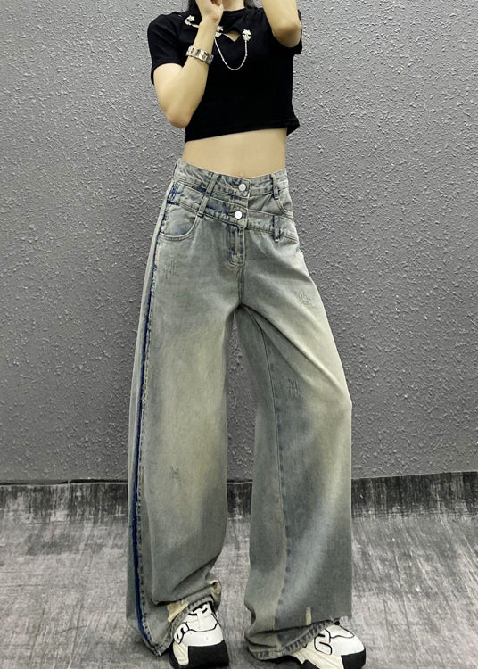Italian Blue Pockets Patchwork Denim Wide Leg Pants Fall RI003 ABC