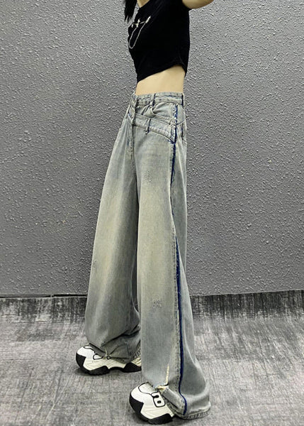 Italian Blue Pockets Patchwork Denim Wide Leg Pants Fall RI003 ABC