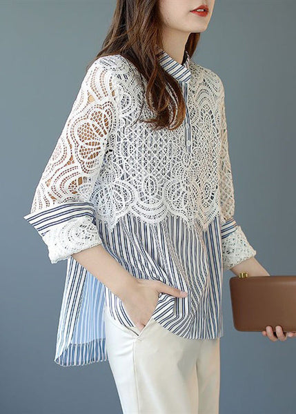 Italian Blue Striped Lace Patchwork Cotton Shirt Spring RL016 ABC