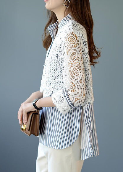Italian Blue Striped Lace Patchwork Cotton Shirt Spring RL016 ABC