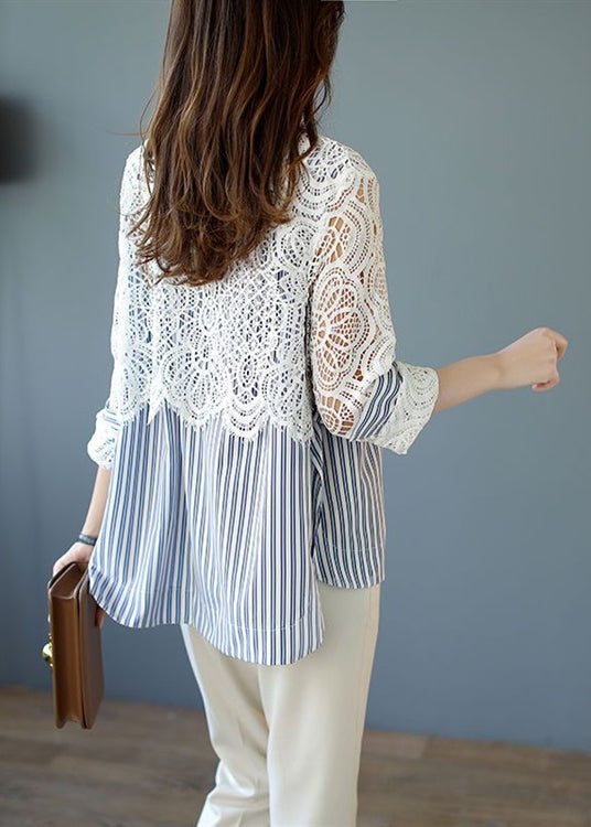 Italian Blue Striped Lace Patchwork Cotton Shirt Spring RL016 ABC
