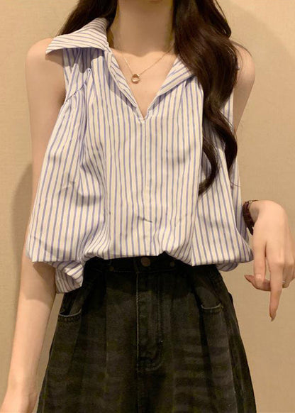 Italian Blue Striped Peter Pan Collar Cotton Blouses Sleeveless OP1037 Ada Fashion