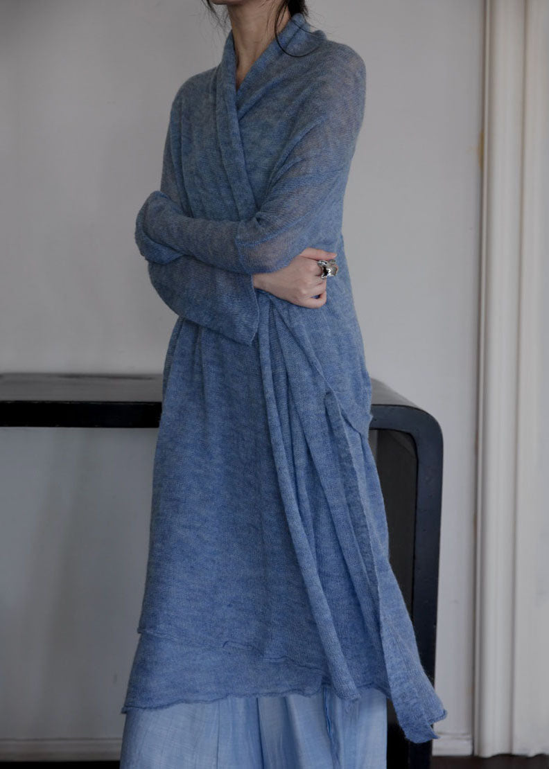 Italian Blue Tie Waist Asymmetrical Woolen Cardigans Fall WE009 HS-NCT241028