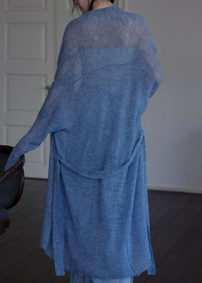 Italian Blue Tie Waist Asymmetrical Woolen Cardigans Fall WE009 HS-NCT241028