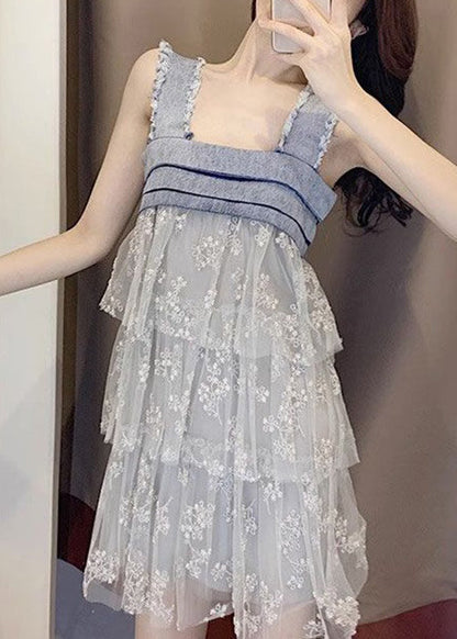 Italian Blue Tulle Patchwork Mid Dress Sleeveless ZL036 SH-LF-SDM240621