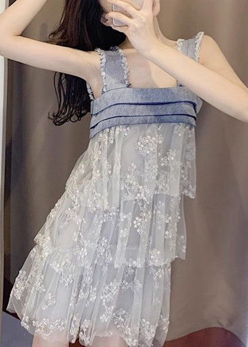 Italian Blue Tulle Patchwork Mid Dress Sleeveless ZL036 SH-LF-SDM240621