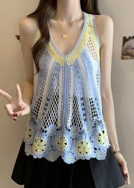 Italian V Knit Shirt Neck Hollow Sleeveless Blue Out T FashionChic