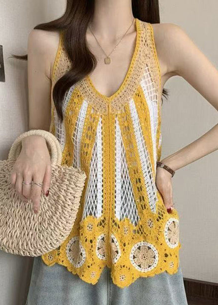 Italian V Knit Shirt Neck Hollow Sleeveless Blue Out T FashionChic