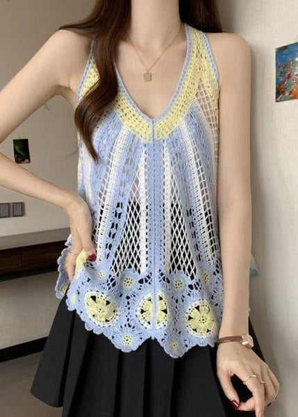 Italian V Knit Shirt Neck Hollow Sleeveless Blue Out T FashionChic