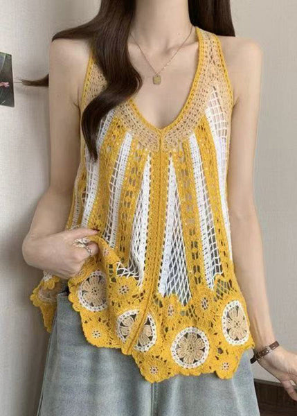 Italian V Knit Shirt Neck Hollow Sleeveless Blue Out T FashionChic