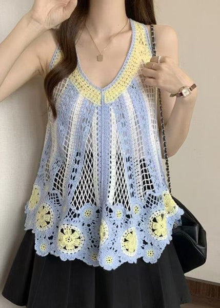 Italian V Knit Shirt Neck Hollow Sleeveless Blue Out T FashionChic