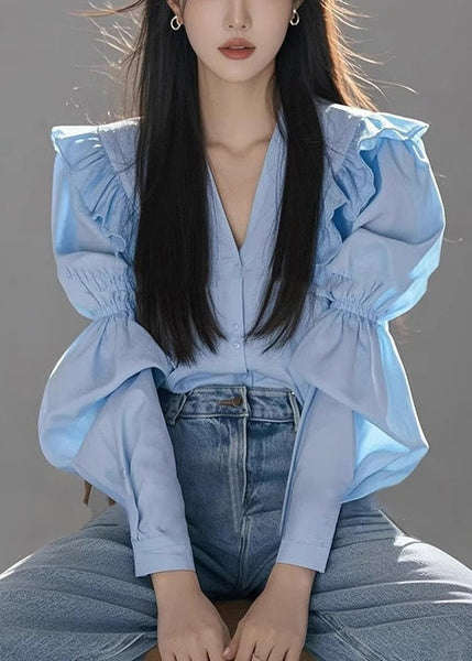 Neck V Cotton Blouse Fall Blue Italian Wrinkled FashionChic