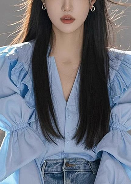 Neck V Cotton Blouse Fall Blue Italian Wrinkled FashionChic