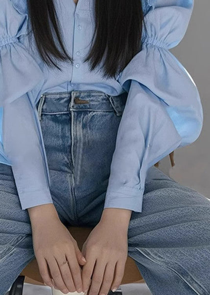 Neck V Cotton Blouse Fall Blue Italian Wrinkled FashionChic