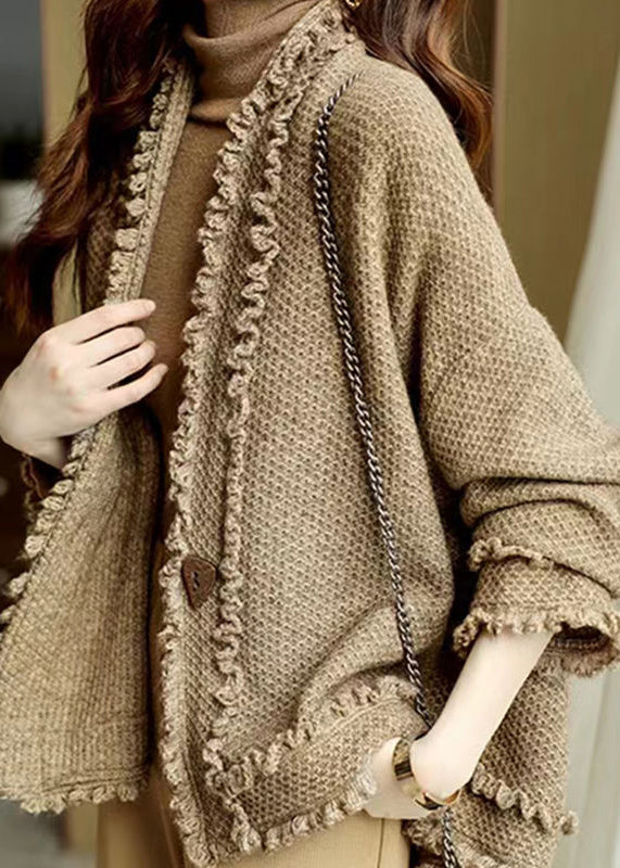 Italian Camel V Neck Ruffled Patchwork Knit Cardigans Fall WN028 ABC