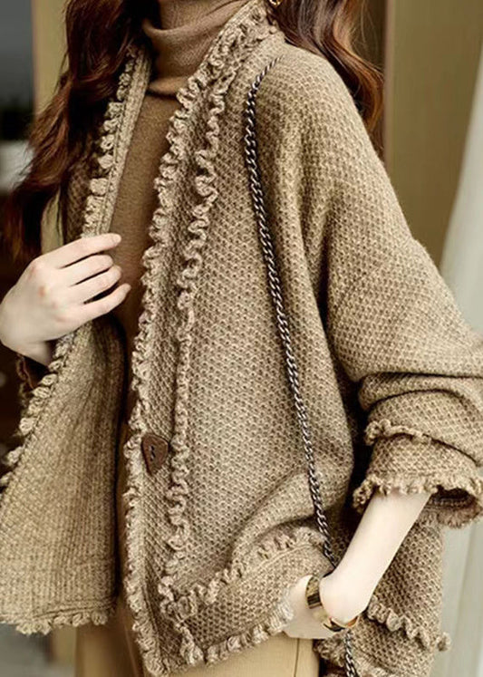 Italian Camel V Neck Ruffled Patchwork Knit Cardigans Fall WN028 ABC