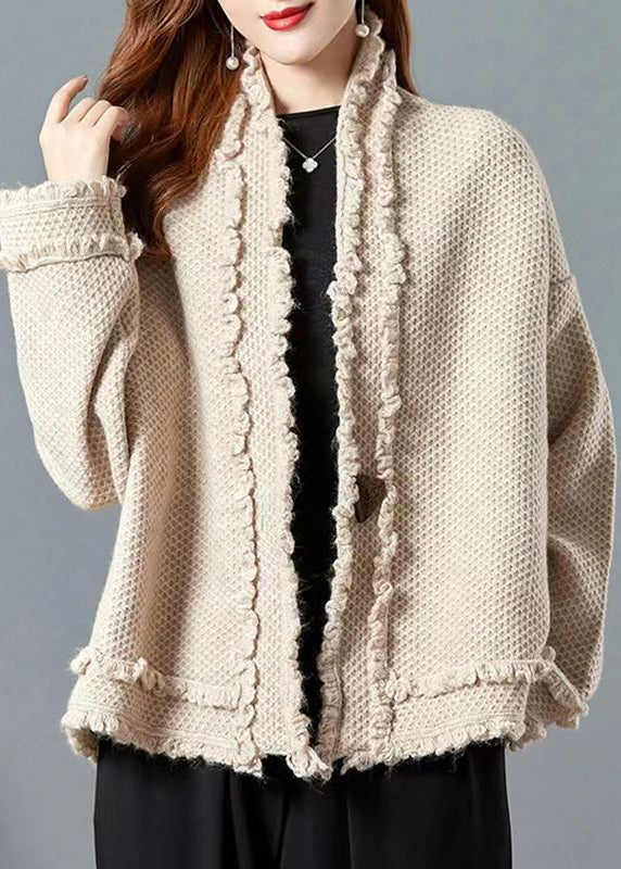 Italian Camel V Neck Ruffled Patchwork Knit Cardigans Fall WN028 ABC