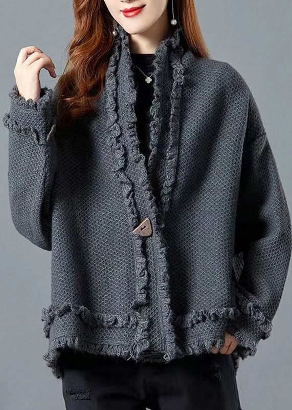 Italian Camel V Neck Ruffled Patchwork Knit Cardigans Fall WN028 ABC