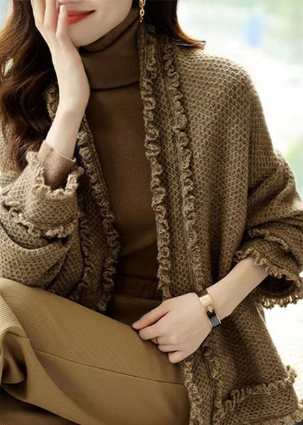 Italian Camel V Neck Ruffled Patchwork Knit Cardigans Fall WN028 ABC