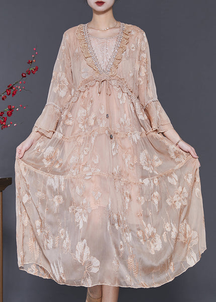 Italian Champagne Embroidered Silk Vacation Dresses Summer SD1076 Ada Fashion