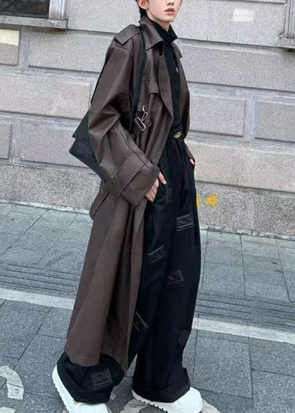 Italian Chocolate Button Tie Waist Faux Leather Mens Long Trench Coat Spring RN023 ABC