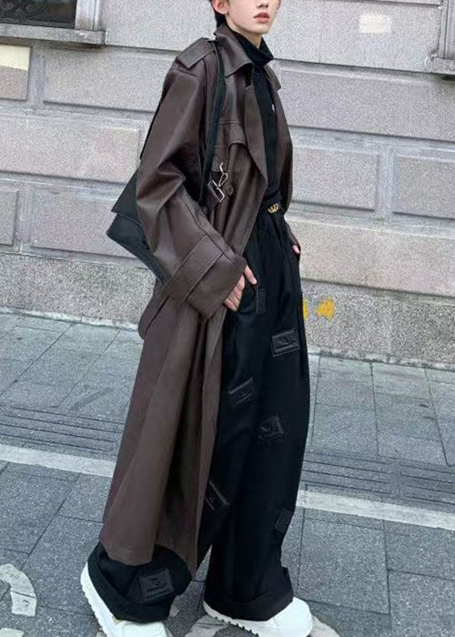 Italian Chocolate Button Tie Waist Faux Leather Mens Long Trench Coat Spring RN023 ABC