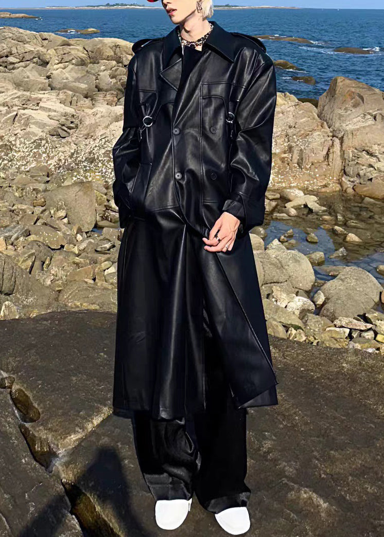 Italian Chocolate Button Tie Waist Faux Leather Mens Long Trench Coat Spring RN023 ABC