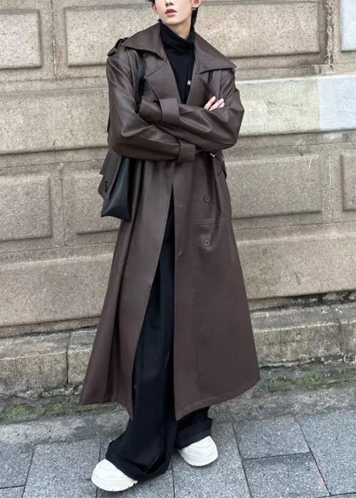 Italian Chocolate Button Tie Waist Faux Leather Mens Long Trench Coat Spring RN023 ABC