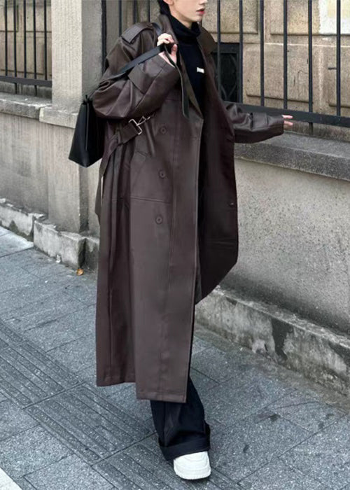 Italian Chocolate Button Tie Waist Faux Leather Mens Long Trench Coat Spring RN023 ABC