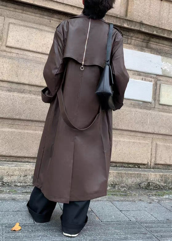 Italian Chocolate Button Tie Waist Faux Leather Mens Long Trench Coat Spring RN023 ABC