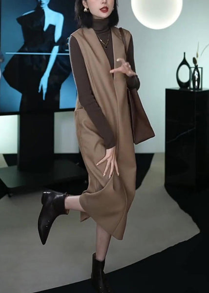 Italian Coffee Patchwork Warm Fleece Long Waistcoat And Dress Two Piece Set Winter RF037 ABC