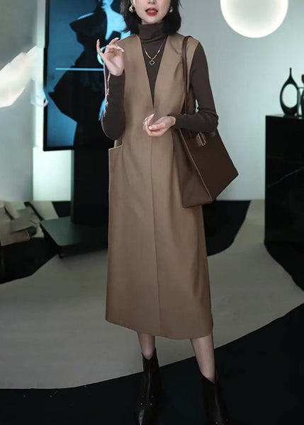 Italian Coffee Patchwork Warm Fleece Long Waistcoat And Dress Two Piece Set Winter RF037 ABC