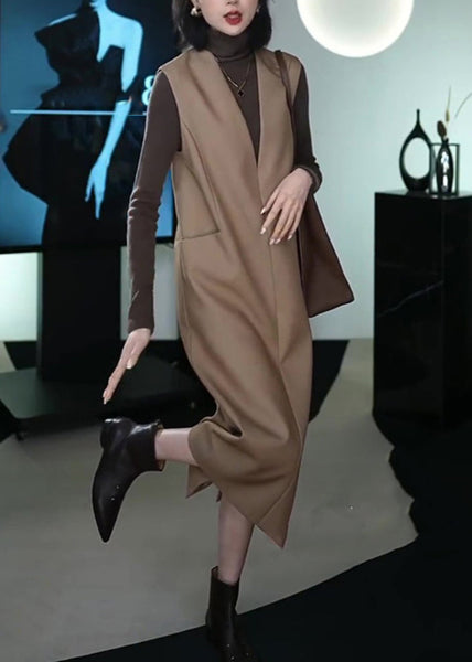 Italian Coffee Patchwork Warm Fleece Long Waistcoat And Dress Two Piece Set Winter RF037 ABC