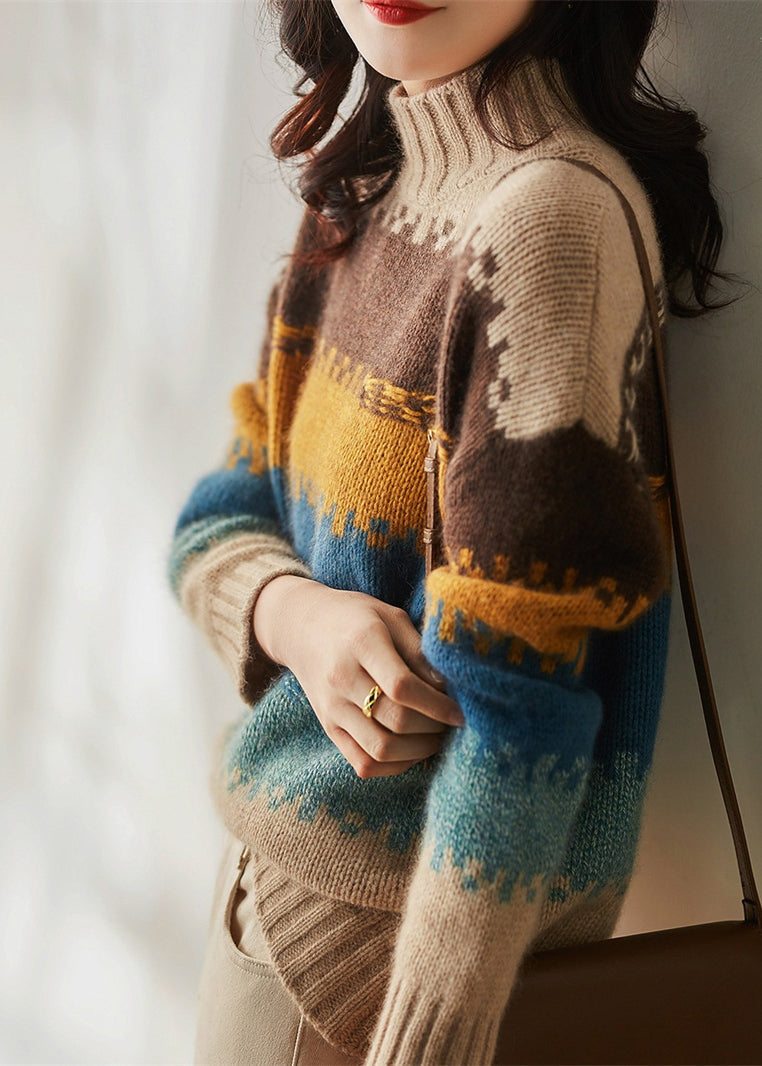 Italian Colorblock Hign Neck Thick Cozy Knit Sweater Spring YY040 ABC