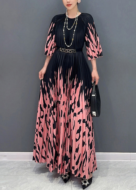 Italian Colorblock O-Neck Cinched Print Long Dresses Bracelet Sleeve UU1015 SH-LF-FDL240526