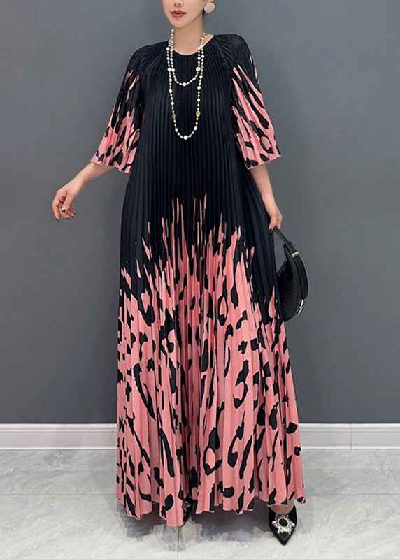 Italian Colorblock O-Neck Cinched Print Long Dresses Bracelet Sleeve UU1015 SH-LF-FDL240526